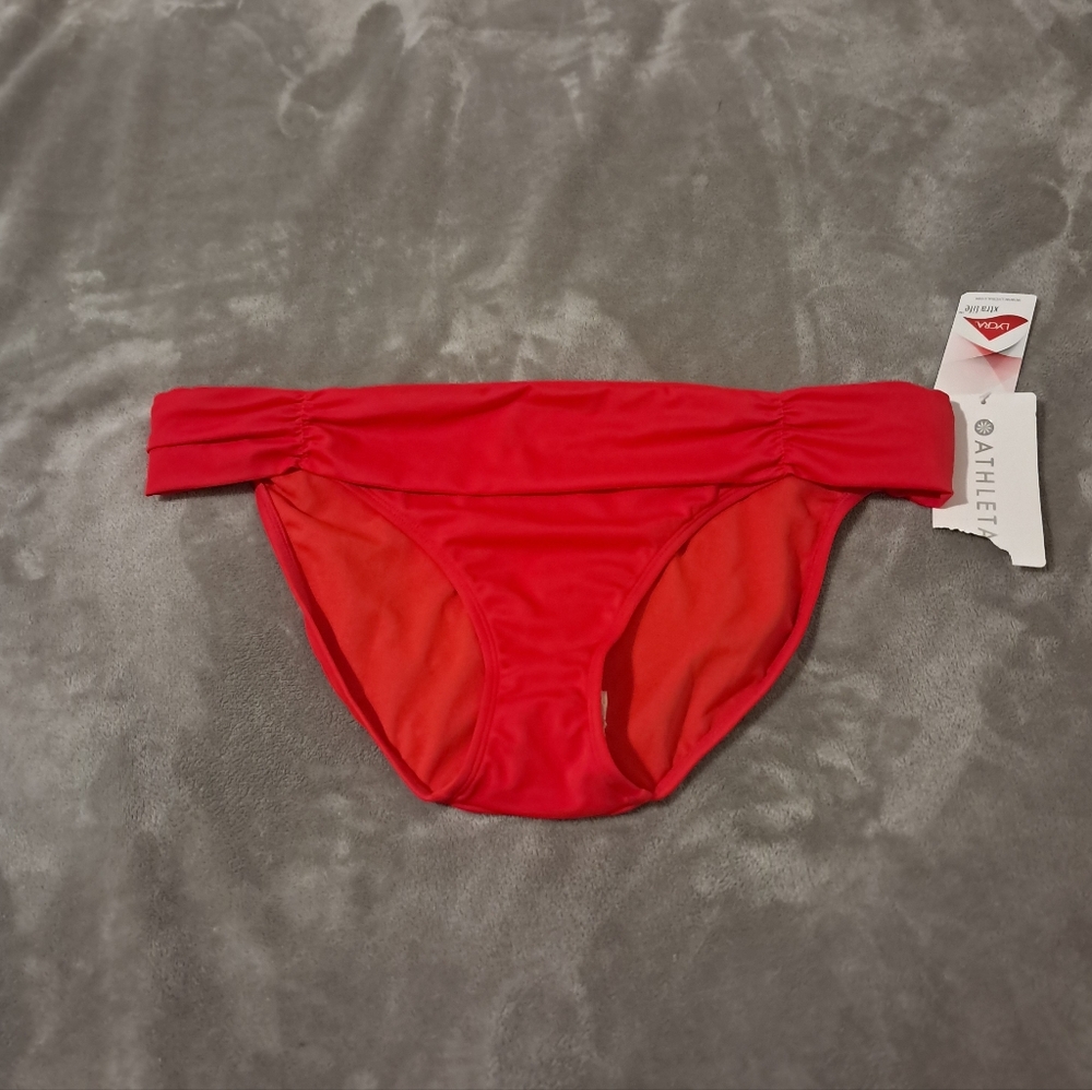 Athleta Womens Red High Dive Gathered Bikini Bottom UPF 50+ Mid-rise XL.